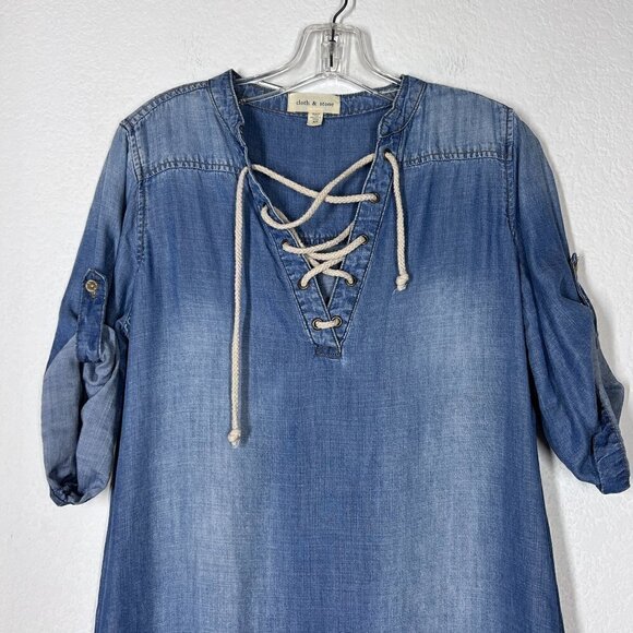 Anthropologie Chambray Dress Shift Peasant Blue Mini XS - Picture 4 of 8